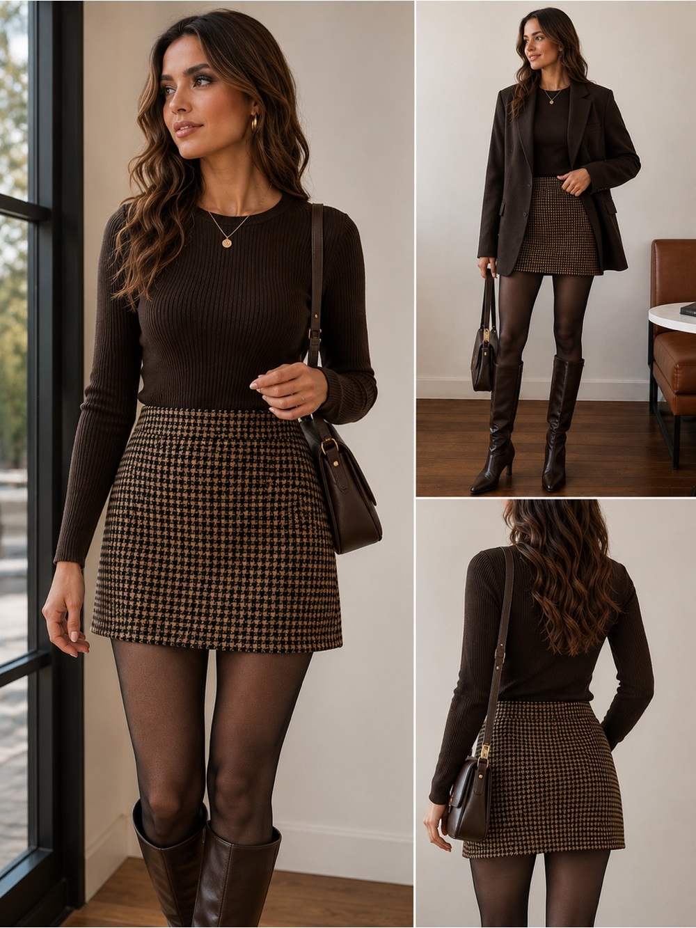 Women's Brown Houndstooth Mini Skirt - Classic Fall Style